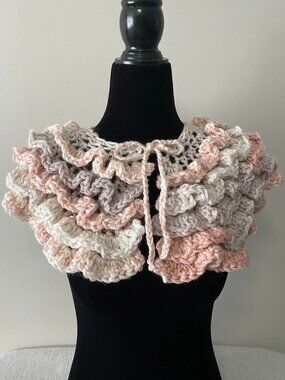 Handmade Crochet Light Pink Grey Cream Large Ruffled Collar Neckwear Accessory